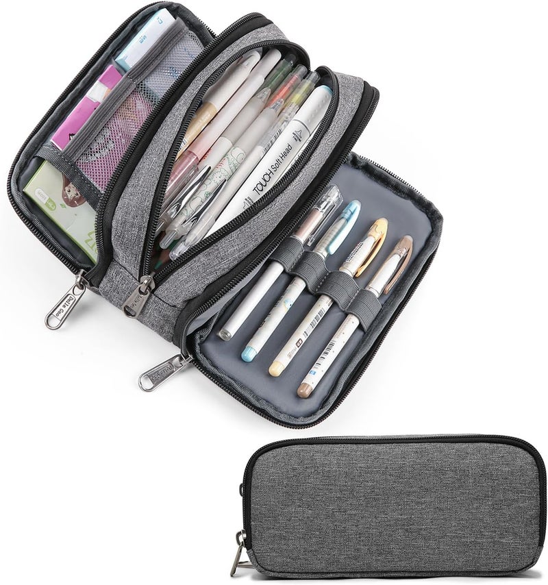 Della Gao Big Capacity Pencil Case, Aesthetic Pencil Pouch with 3 Compartments Large Pencil Bag Nylon Storage Pen Bag Office Stationery Organizer for Women and Men - Grey - Image 1